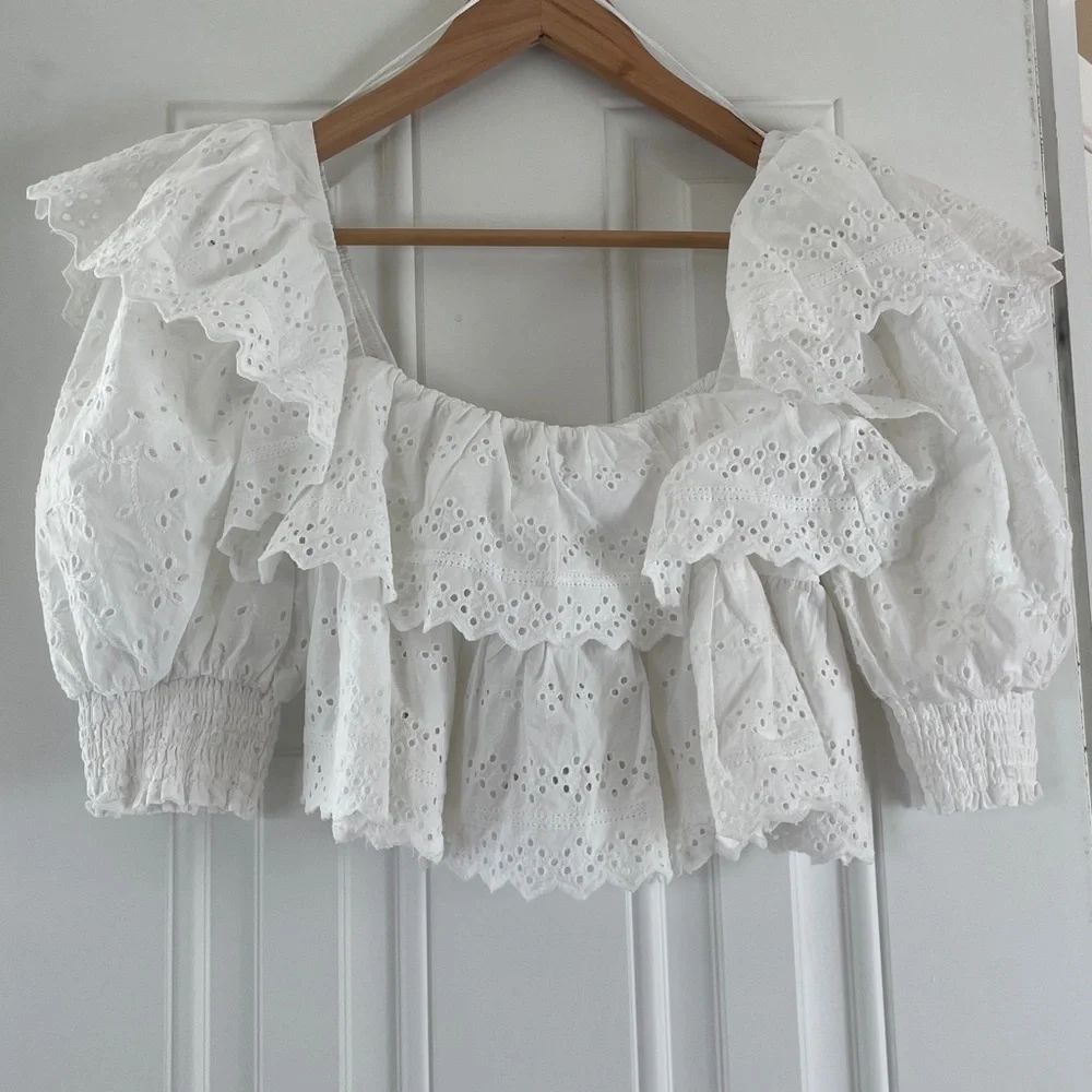 Zara White Eyelet Ruffle Peasant Top